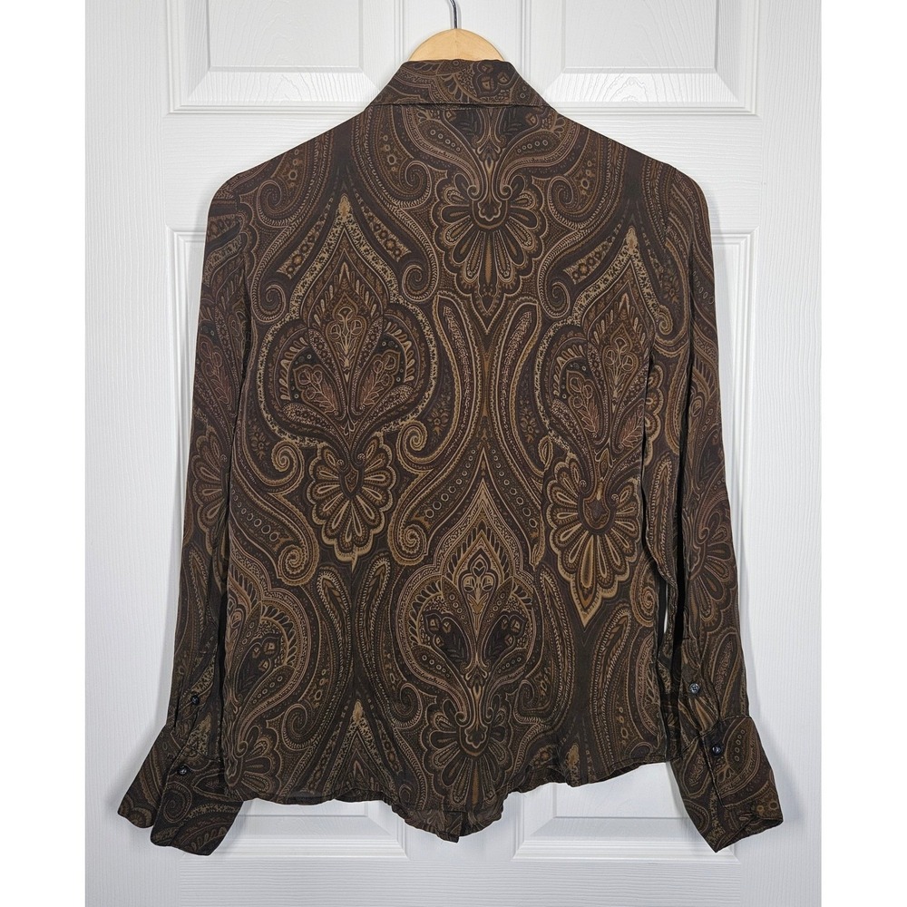 Lauren Ralph Lauren 100% Silk Ruffle Front Paisley Blouse Brown Long Sleeve M - Picture 4 of 10